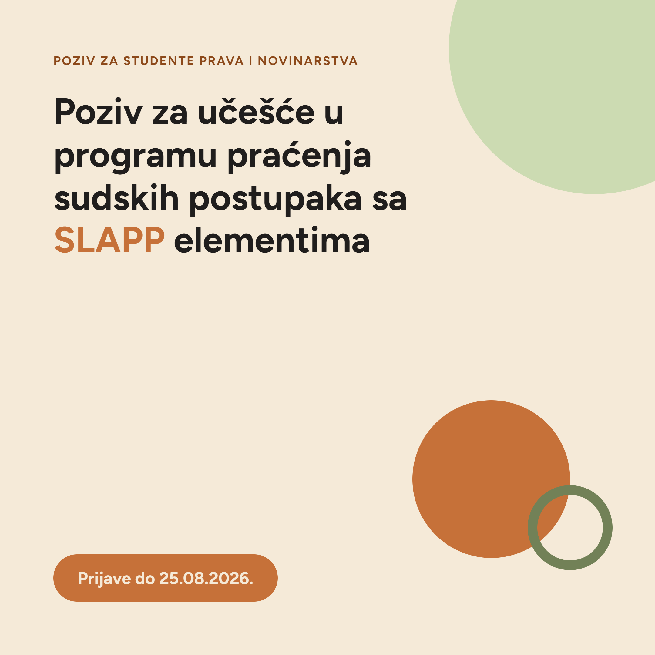 Poziv za studente novinarstva i prava za učešće u programu praćenja sudskih postupaka sa SLAPP elementima